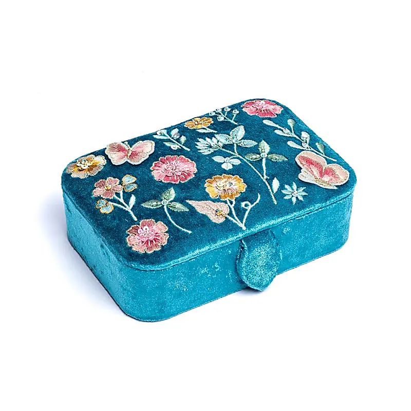 Schmuck- / Tarotkästchen Samt blau mit Blumen