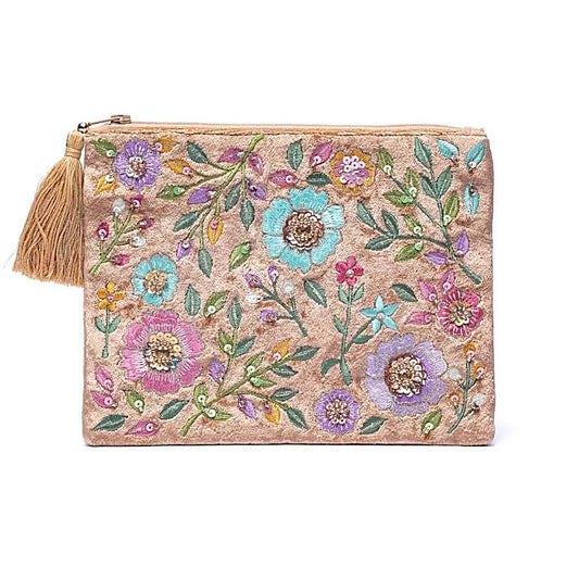 Bolsa de terciopelo beige con cremallera y flores