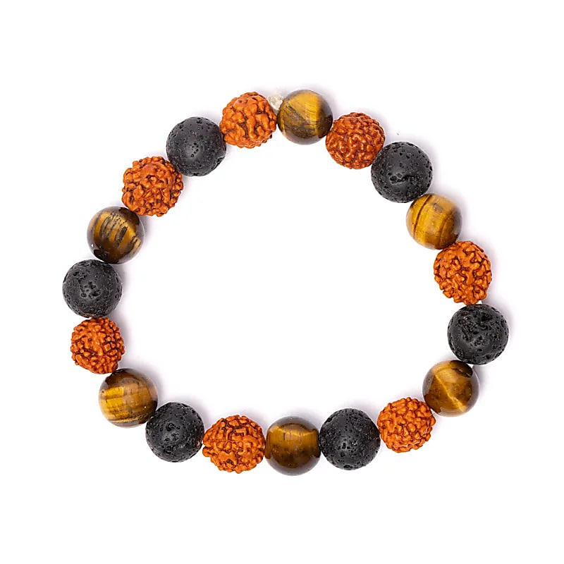 Armband aus Rudraksha, Tigerauge und Lavastein