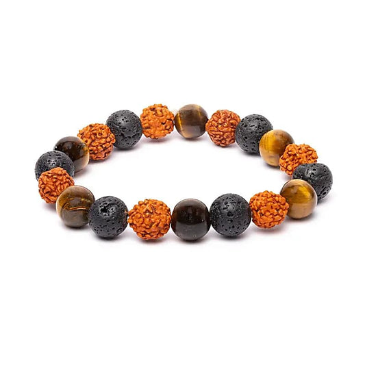 Braccialetto in rudraksha, occhio di tigre e pietra lavica