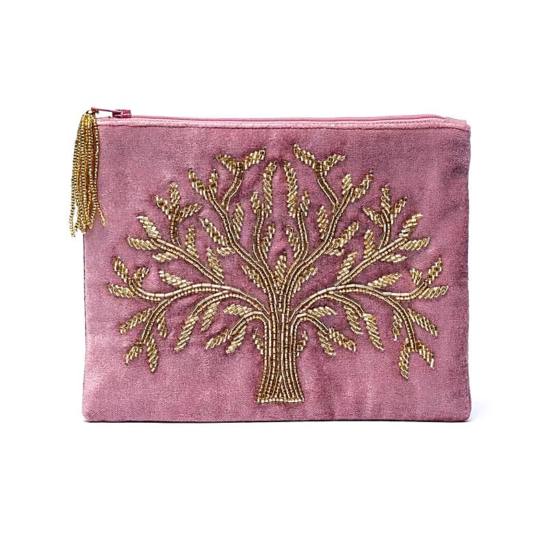 Pochette zippée en velours Rose avec Arbre de vie