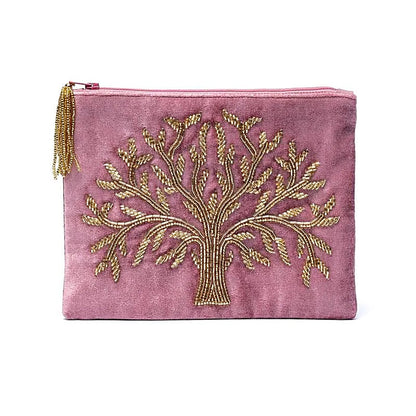 Pochette zippée en velours Rose avec Arbre de vie thumb
