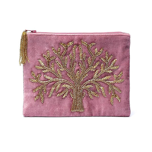 Bolsa de terciopelo rosa con cremallera y Árbol de la Vida