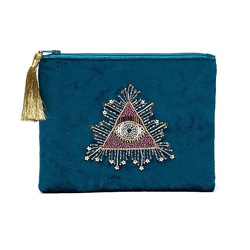 Zippered velvet pouch petrol with tarot eye