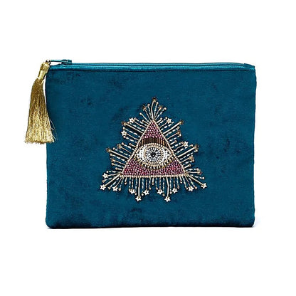 Zippered velvet pouch petrol with tarot eye thumb