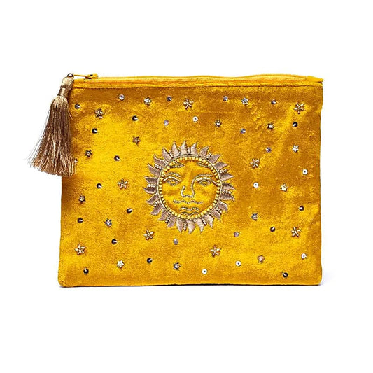 Bolsa de terciopelo amarillo con cremallera y sol