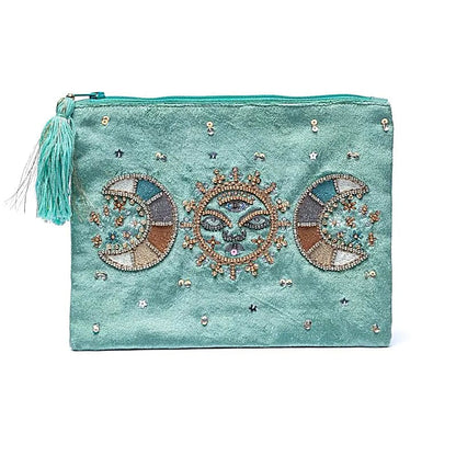 Bolsa terciopelo menta con cremallera y fases lunares thumb
