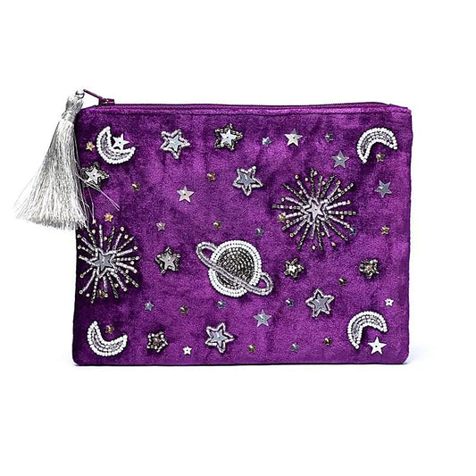 Bolsa de terciopelo purpura con cremallera y galaxia