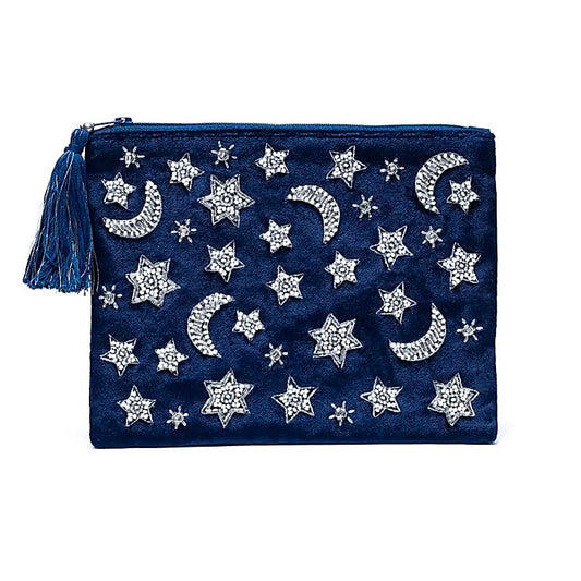 Bolsa de terciopelo azul oscuro con cremallera y luna y estrellas