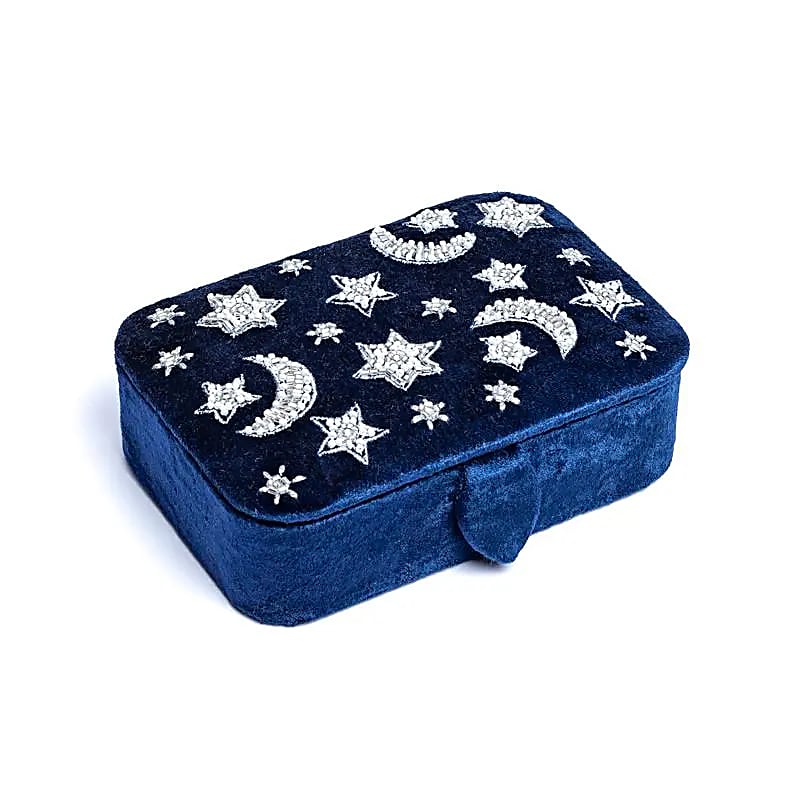 Joyero / tarot terciopelo azul oscuro con luna y estrellas
