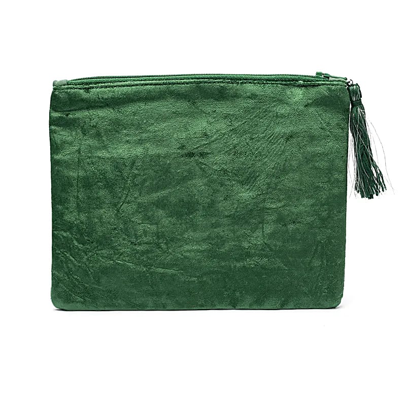 Zippered velvet pouch green with lotus