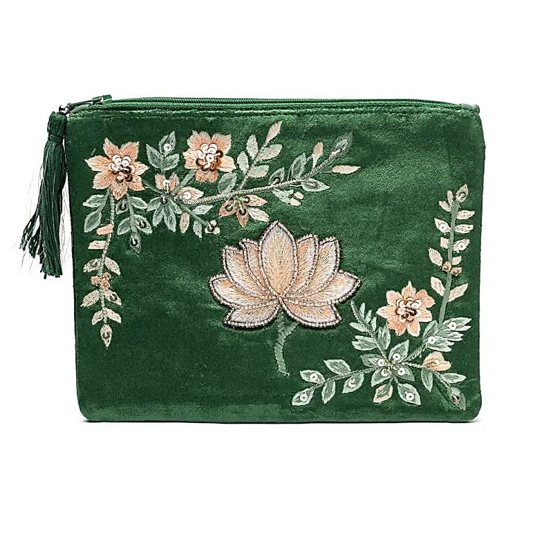 Zippered velvet pouch green with lotus