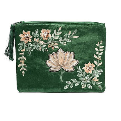Zippered velvet pouch green with lotus thumb