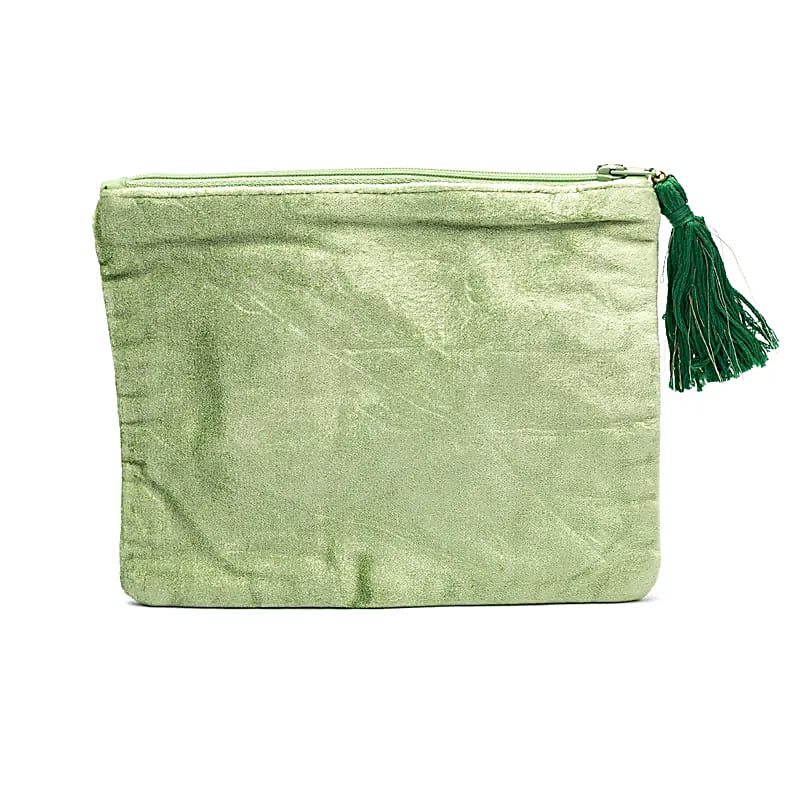 Pochette zippée en velours vert avec trèfle à quatre feuilles de gros