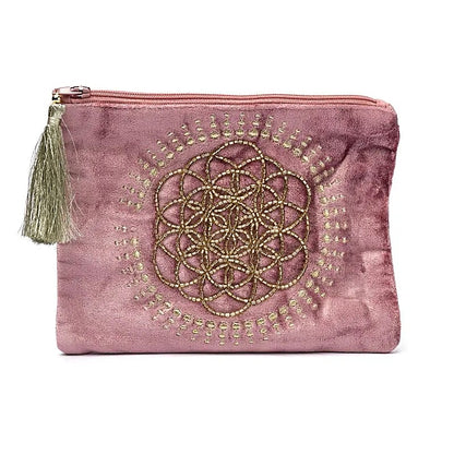 Bolsa de terciopelo rosa antiguo con cremallera y Flor de la Vida thumb