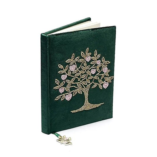 Notitieboek fluweel groen met Levensboom en harten