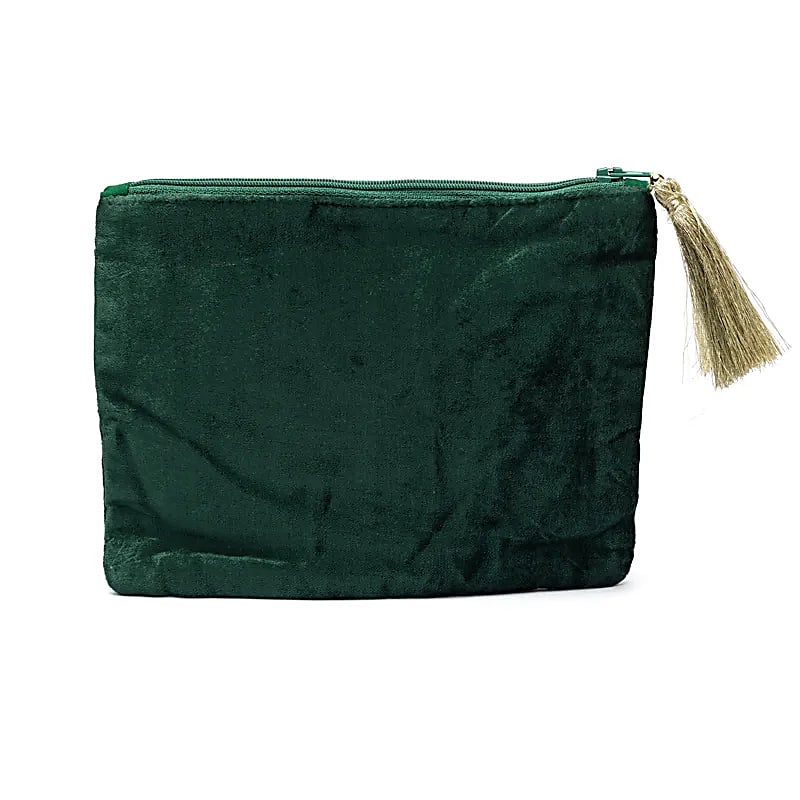 Pochette zippée en velours vert avec Arbre de Vie et cœurs de gros