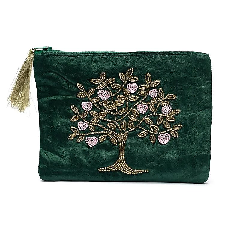 Pochette zippée en velours vert avec Arbre de Vie et cœurs