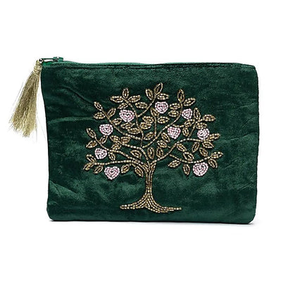 Pochette zippée en velours vert avec Arbre de Vie et cœurs thumb