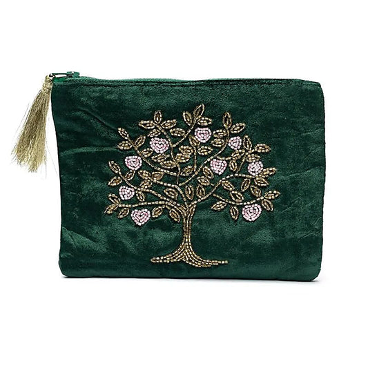 Bolsa de terciopelo verde con cremallera y Árbol de la Vida y corazones
