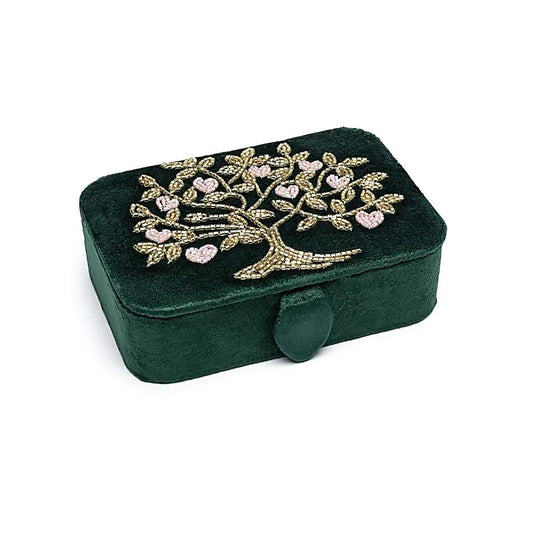 Jewellery / tarot box velvet green with Tree of Life and hearts