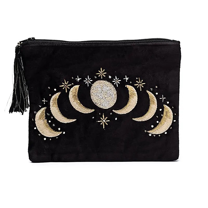 Bolsa de terciopelo negra con cremallera y fases lunares