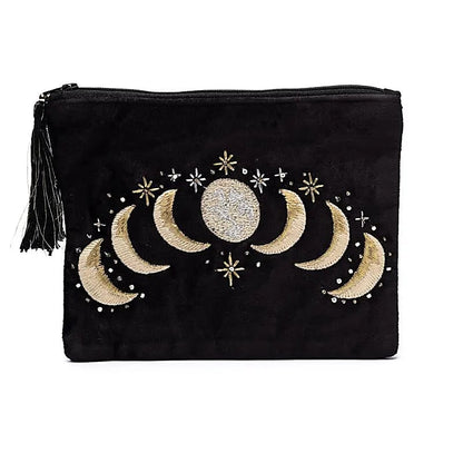 Bolsa de terciopelo negra con cremallera y fases lunares thumb