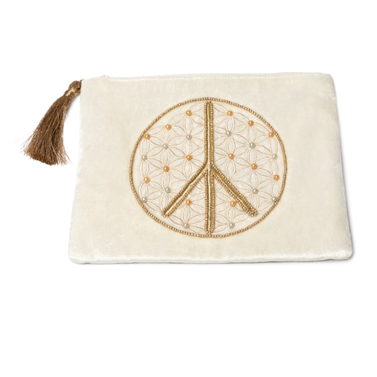 Bolsa de terciopelo blanco roto con cremallera y Flor de la Vida símbolo de la paz