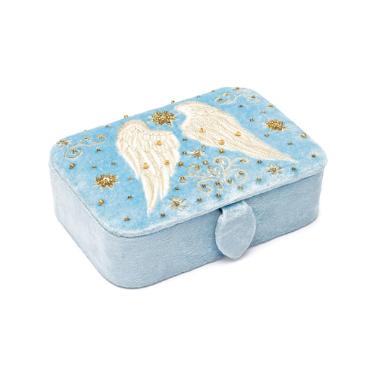 Sieraden / tarotdoos fluweel blauw met engelenvleugels