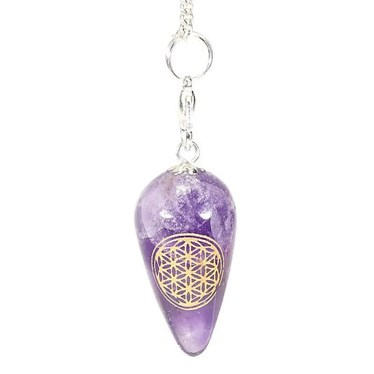 Pendulum Amethyst drop shaped with Flower of Life
