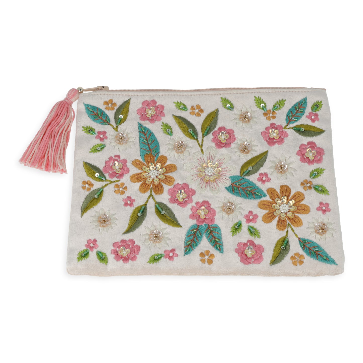 Samtbeutel mit Reißverschluss gebrochenes Weiß mit Blumen