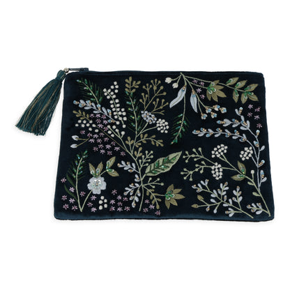 Samtbeutel mit Reißverschluss dunkelblau mit Blumen thumb