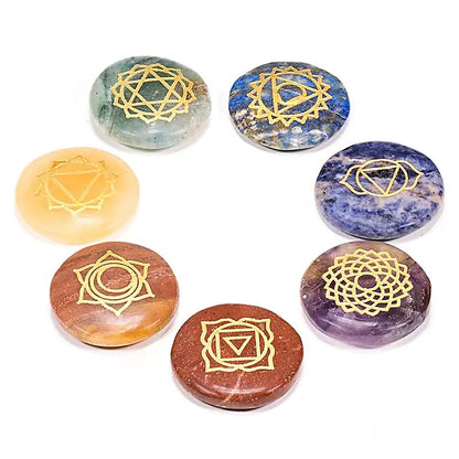 Edelstein SET mit 7 Chakra Symbolsteinen (rund) thumb