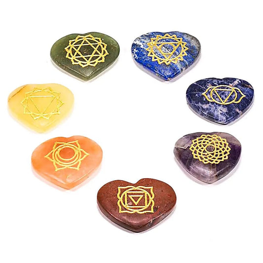 SET de 7 piedras corazón con simbolo de los Chakra