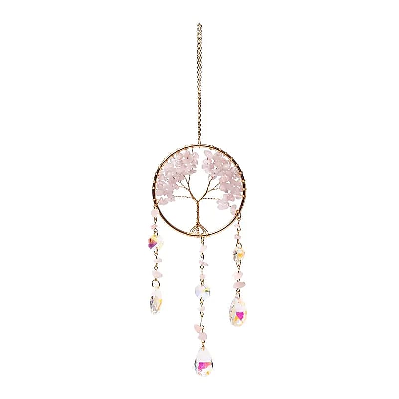Atrapasoles con Árbol de la vida y cuarzo rosa: ±30 cm