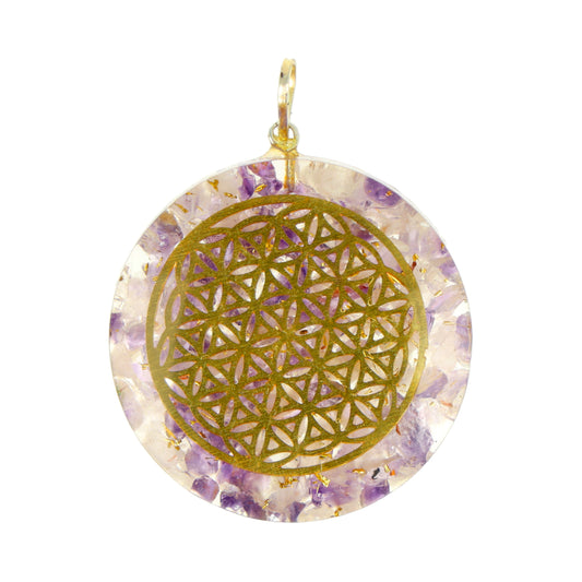 Orgonite pendant Flower of life amethyst/rock crystal