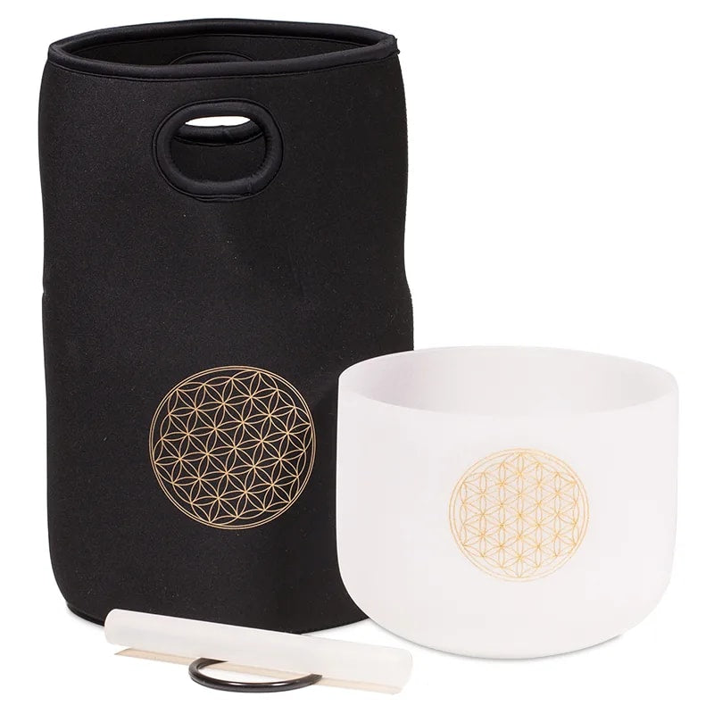 Klangschale Kristall F-Ton Blume des Lebens +Tasche