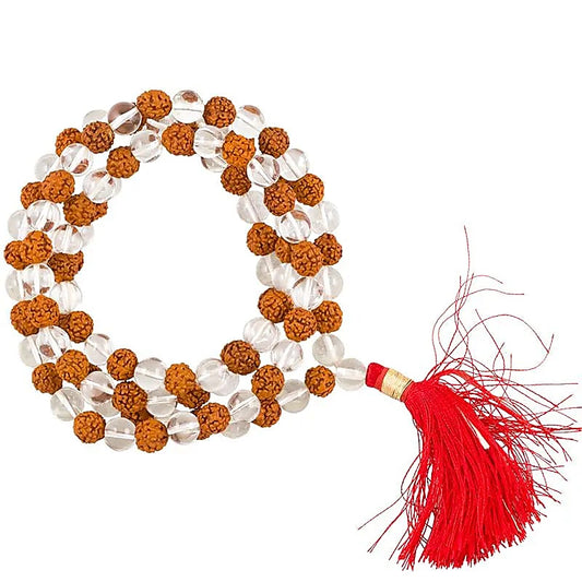 Mala Bergkristall/Rudraksha AA-Qualität + Tasche