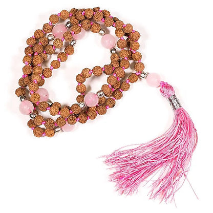 Mala Rudraksha y cuarzo rosa - borla rosa thumb