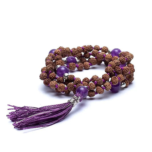 Mala Rudraksha und Amethyst mit violetter Quaste
