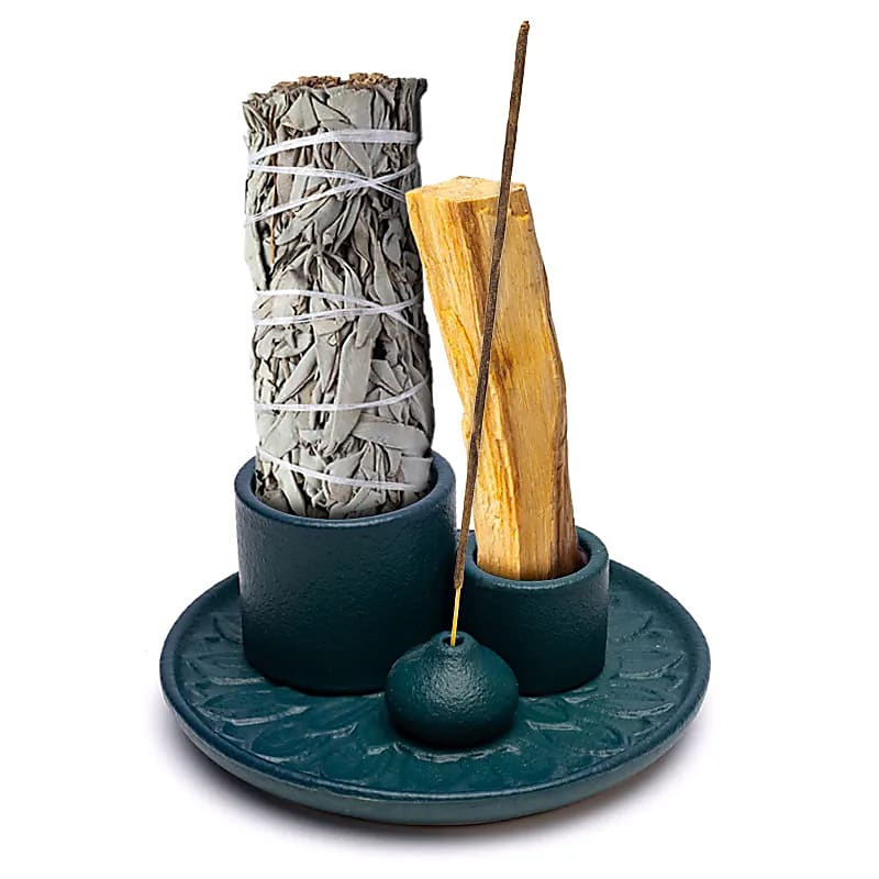 Brûleur en céramique Palo Santo, smudge et encens motif floral couleur pétrole de gros