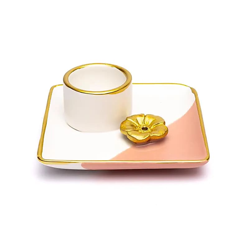 Quemador de cerámica con flor rosa/blanco/dorado Smudge y Incienso