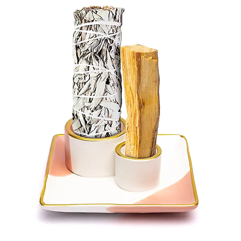 Brûleur en céramique smudge et Palo Santo fleur rose/blanc/or