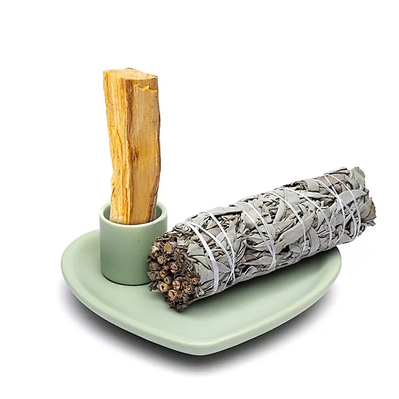 Coupelle à smudge et brûleur Palo Santo en céramique cœur vert pastel