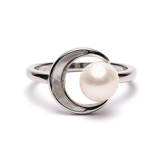 Anillo ajustable con perla y luna
