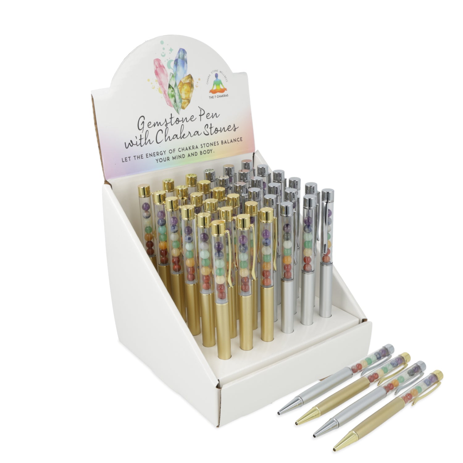 Caja expositora para bolígrafos con gemas chakra