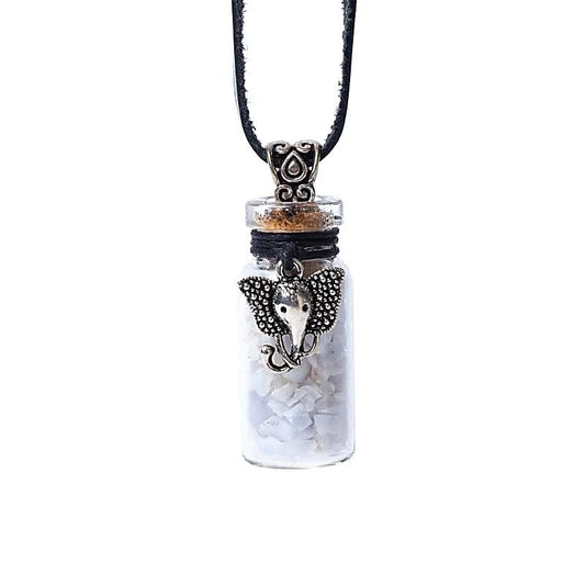 Geschenkflesje aan koord met blue lace agaat en Ganesha