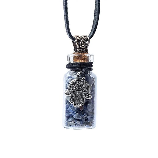 Geschenkflesje aan koord met lapis lazuli en khamsa