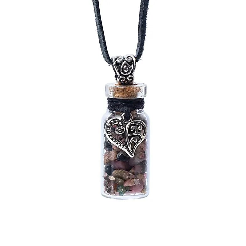 Glass gift bottle on chord with tourmaline and heart