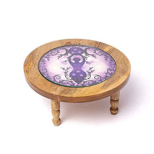 Wooden side table Moon goddess print on glass